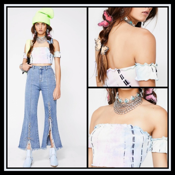 Dolls Kill Tops - DOLLS KILL Tye Die Off Shoulder Ruffled Crop Top L